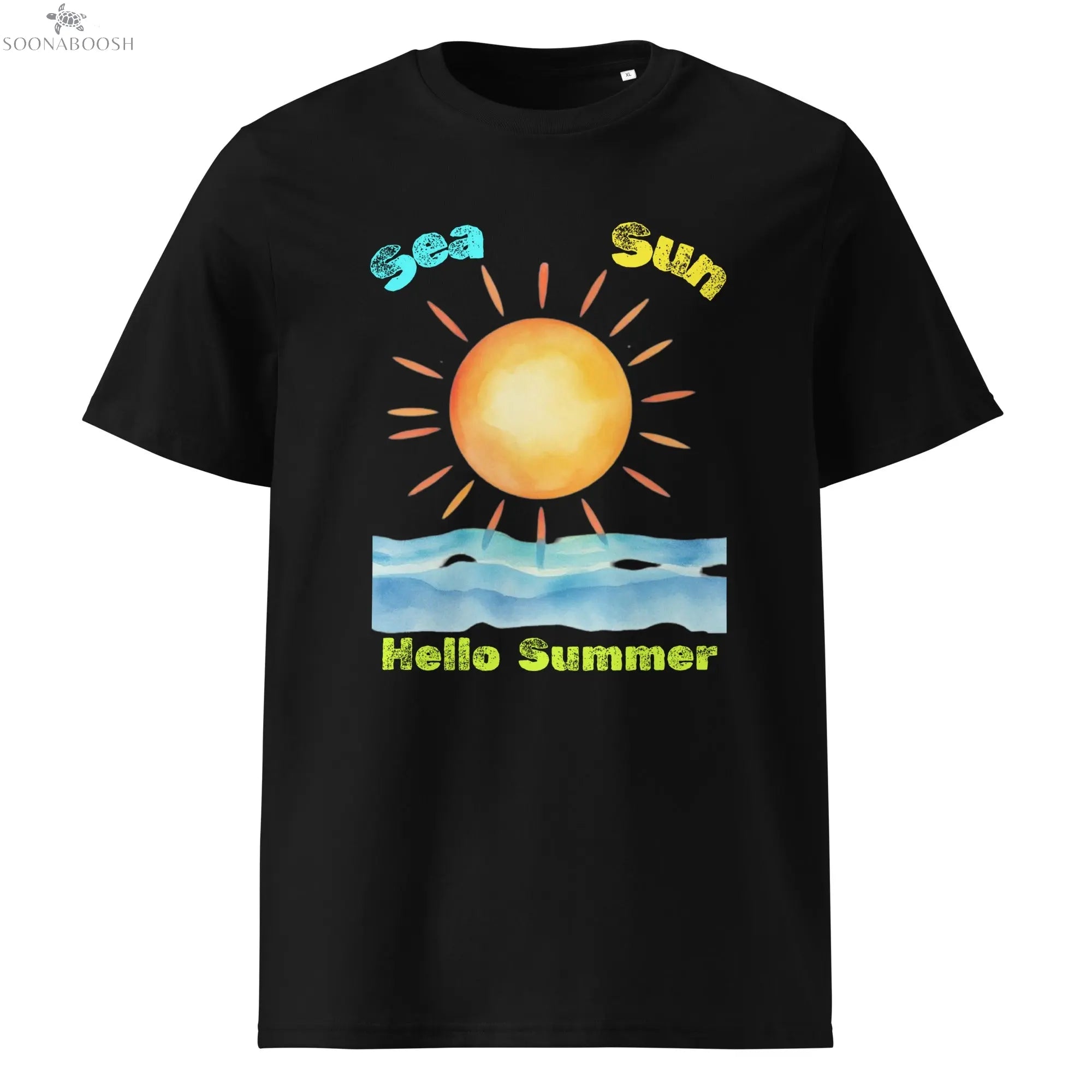 Sun Sand Hello Summer T-shirt made with organic cotton – Egyptian inspired design by Soonaboosh